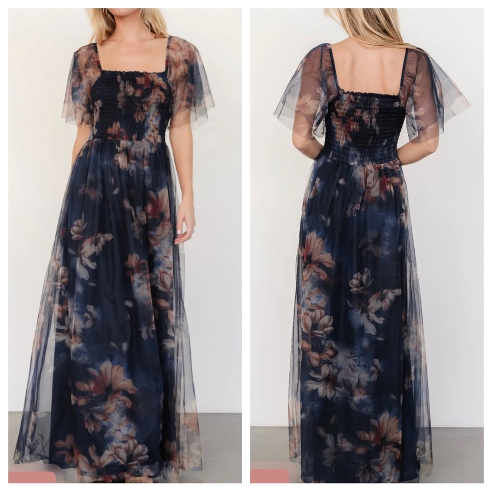 NWT Baltic Born Cassandra Tulle Maxi Dress Size Large in Dark Blue Floral